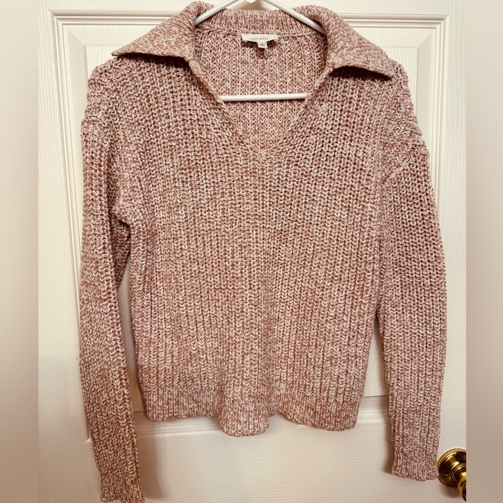 Haven Well Within Pink & Cream Collared V-Neck Knit Sweater | Size XS